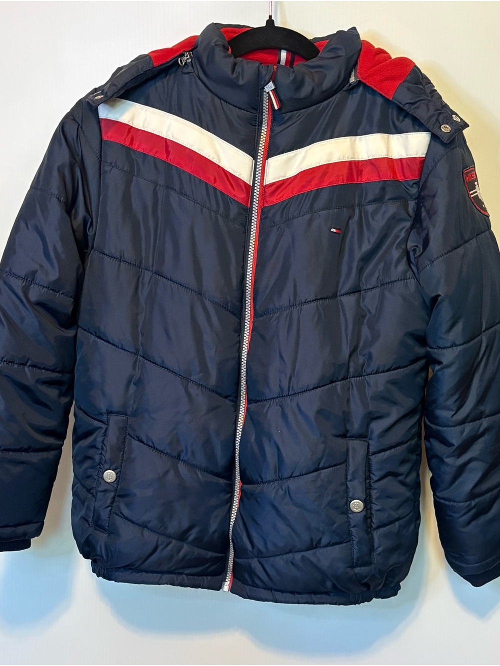Tommy Hilfiger Navy Puffer Jacket with Red & White Stripe Accents